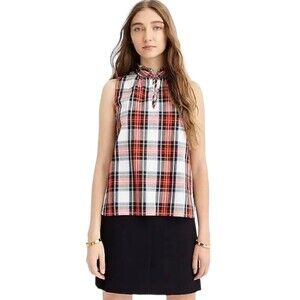 J. Crew Ruffle Neck Cotton Poplin Tartan Plaid Top
